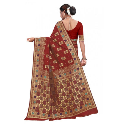 Women's Banarasi Silk Designer Weaving Saree With Unstitched Blouse (Maroon, 5.50 Mtrs)