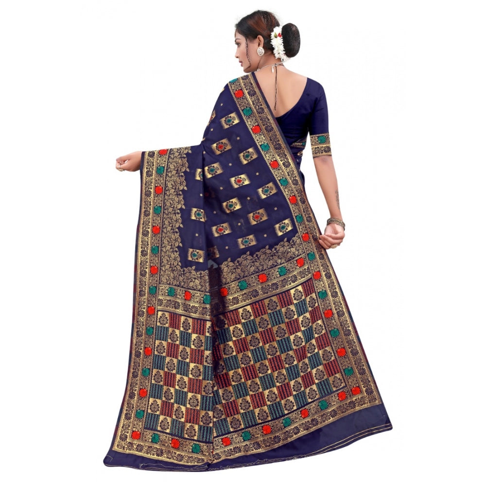 Women's Banarasi Silk Designer Weaving Saree With Unstitched Blouse (Blue, 5.50 Mtrs)