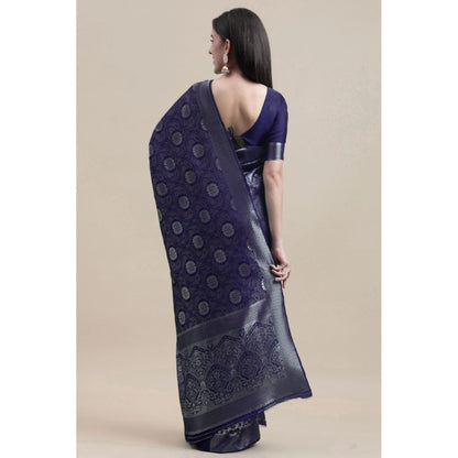 Women's Kanjivaram Silk Designer Silver Weaving Saree With Unstitched Blouse (Blue, 5.50 Mtrs)