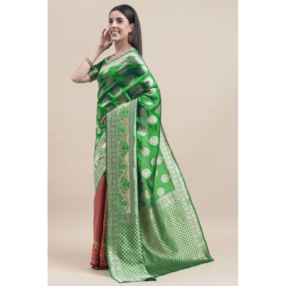 Women's Kanjivaram Silk Designer Weaving Saree With Unstitched Blouse (Green &amp; Red, 5.50 Mtrs)