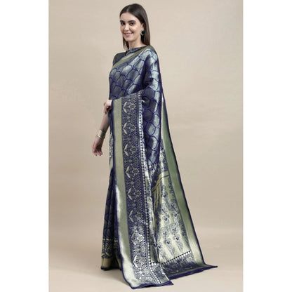 Women's Banarasi Silk Designer Weaving Saree With Unstitched Blouse (Blue, 5.50 Mtrs)