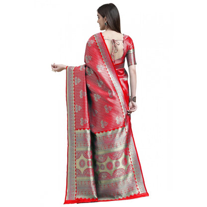 Women's Banarasi Silk Designer Weaving Saree With Unstitched Blouse (Red, 5.50 Mtrs)