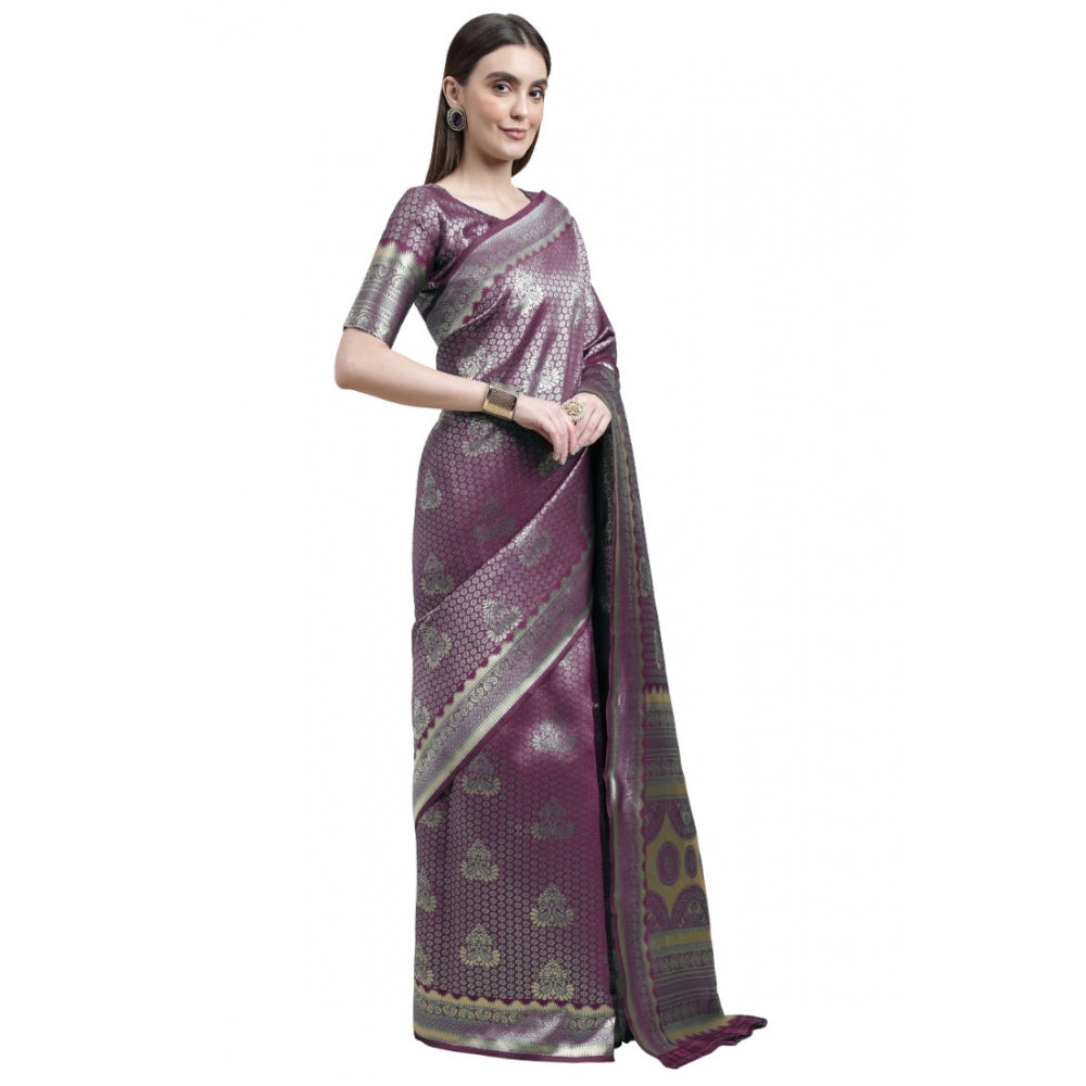 Women's Banarasi Silk Designer Weaving Saree With Unstitched Blouse (Purple, 5.50 Mtrs)