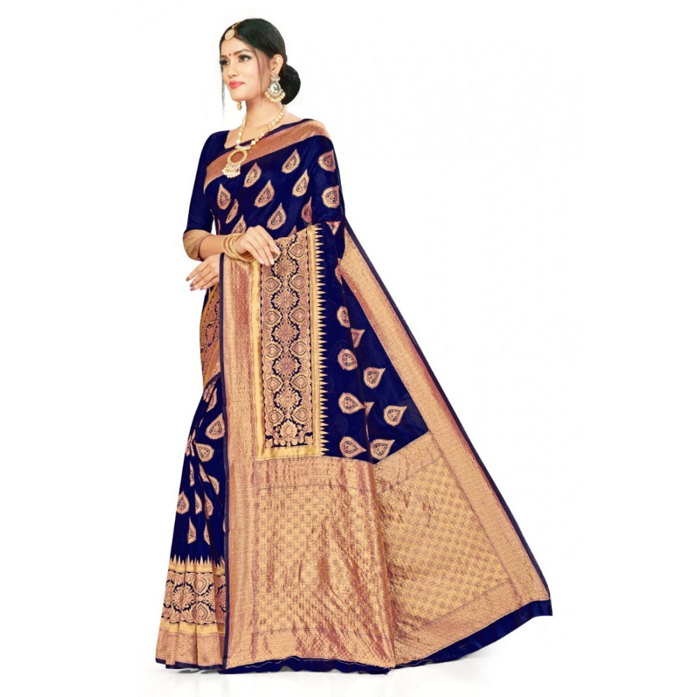 Women's Banarasi Silk Designer Weaving Saree With Unstitched Blouse (Navy Blue, 5.50 Mtrs)