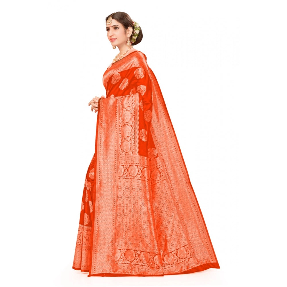 Women's Banarasi Silk Designer Weaving Saree With Unstitched Blouse (Orange, 5.50 Mtrs)