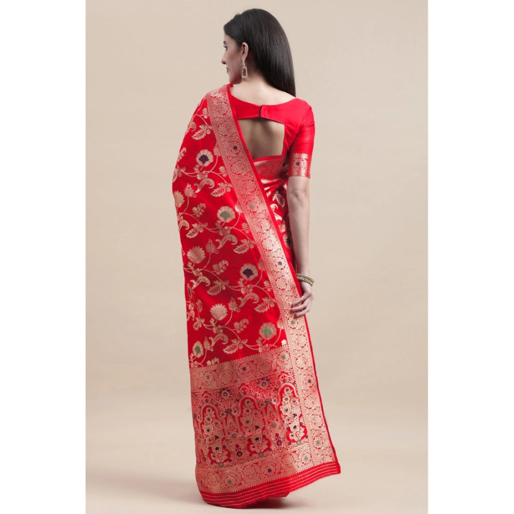 Women's Kanjivaram Silk Designer Weaving Saree With Unstitched Blouse (Red, 5.50 Mtrs)