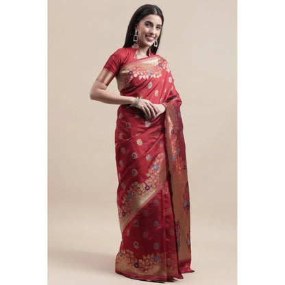 Women's Kanjivaram Silk Designer Weaving Saree With Unstitched Blouse (Red, 5.50 Mtrs)