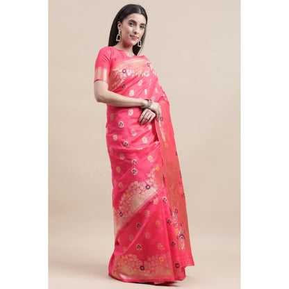 Women's Kanjivaram Silk Designer Weaving Saree With Unstitched Blouse (Pink, 5.50 Mtrs)