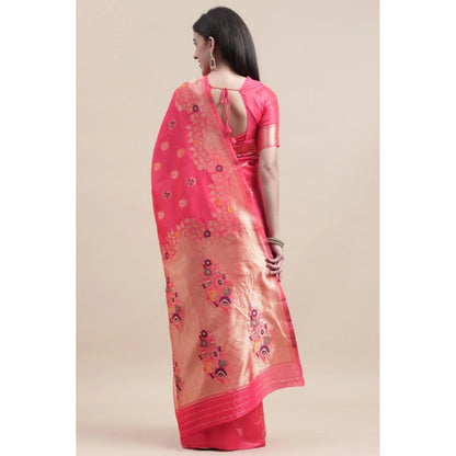 Women's Kanjivaram Silk Designer Weaving Saree With Unstitched Blouse (Pink, 5.50 Mtrs)