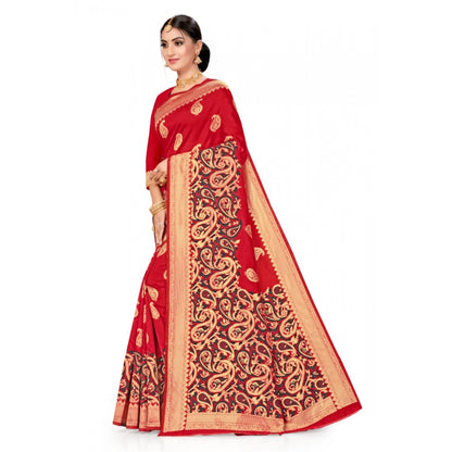 Women's Banarasi Silk Designer Weaving Saree With Unstitched Blouse (Red, 5.50 Mtrs)