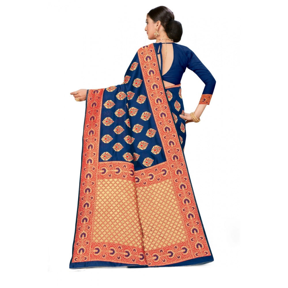 Women's Banarasi Silk Designer Weaving Saree With Unstitched Blouse (Blue, 5.50 Mtrs)