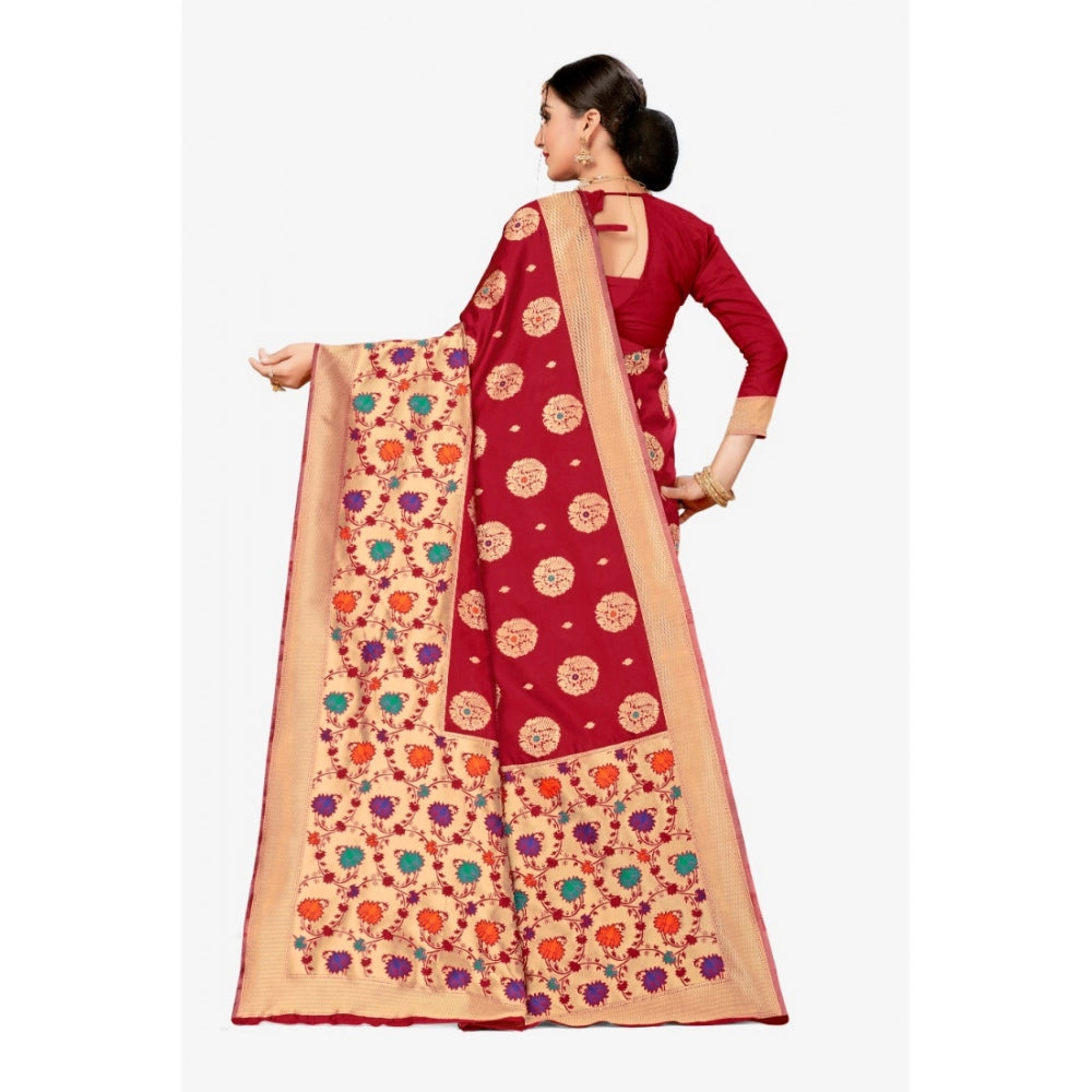 Women's Banarasi Silk Designer Weaving Saree With Unstitched Blouse (Maroon, 5.50 Mtrs)