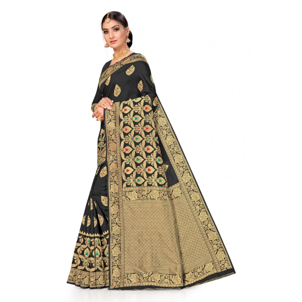 Women's Banarasi Silk Designer Weaving Saree With Unstitched Blouse (Black, 5.50 Mtrs)