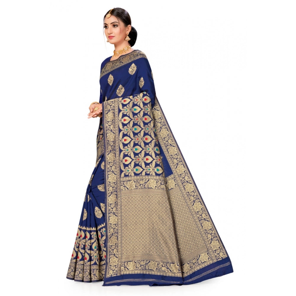 Women's Banarasi Silk Designer Weaving Saree With Unstitched Blouse (Blue, 5.50 Mtrs)