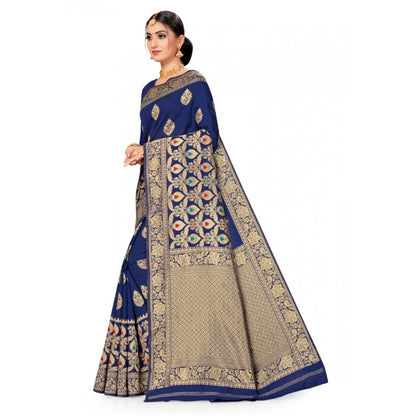 Women's Banarasi Silk Designer Weaving Saree With Unstitched Blouse (Blue, 5.50 Mtrs)