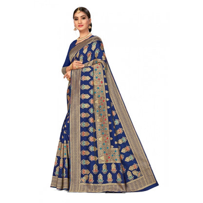 Women's Banarasi Silk Designer Weaving Saree With Unstitched Blouse (Blue, 5.50 Mtrs)