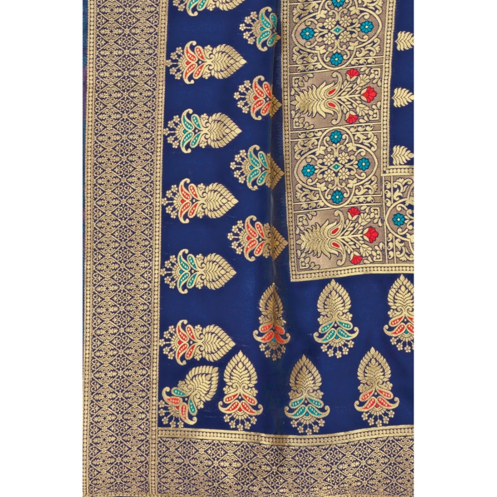 Women's Banarasi Silk Designer Weaving Saree With Unstitched Blouse (Blue, 5.50 Mtrs)