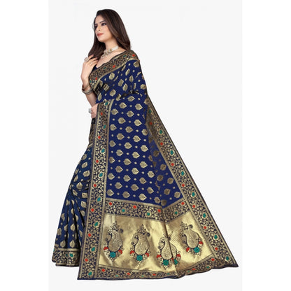 Women's Banarasi Silk Designer Weaving Saree With Unstitched Blouse (Blue, 5.50 Mtrs)