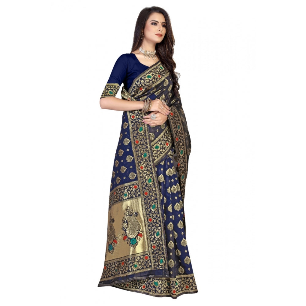 Women's Banarasi Silk Designer Weaving Saree With Unstitched Blouse (Blue, 5.50 Mtrs)