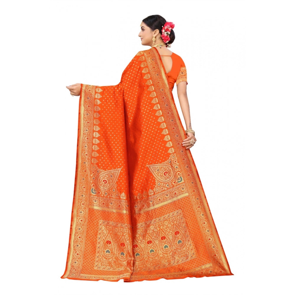 Women's Banarasi Silk Designer Weaving Saree With Unstitched Blouse (Orange, 5.50 Mtrs)