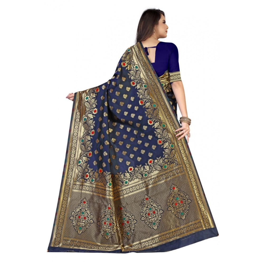 Women's Banarasi Silk Designer Weaving Saree With Unstitched Blouse (Blue, 5.50 Mtrs)