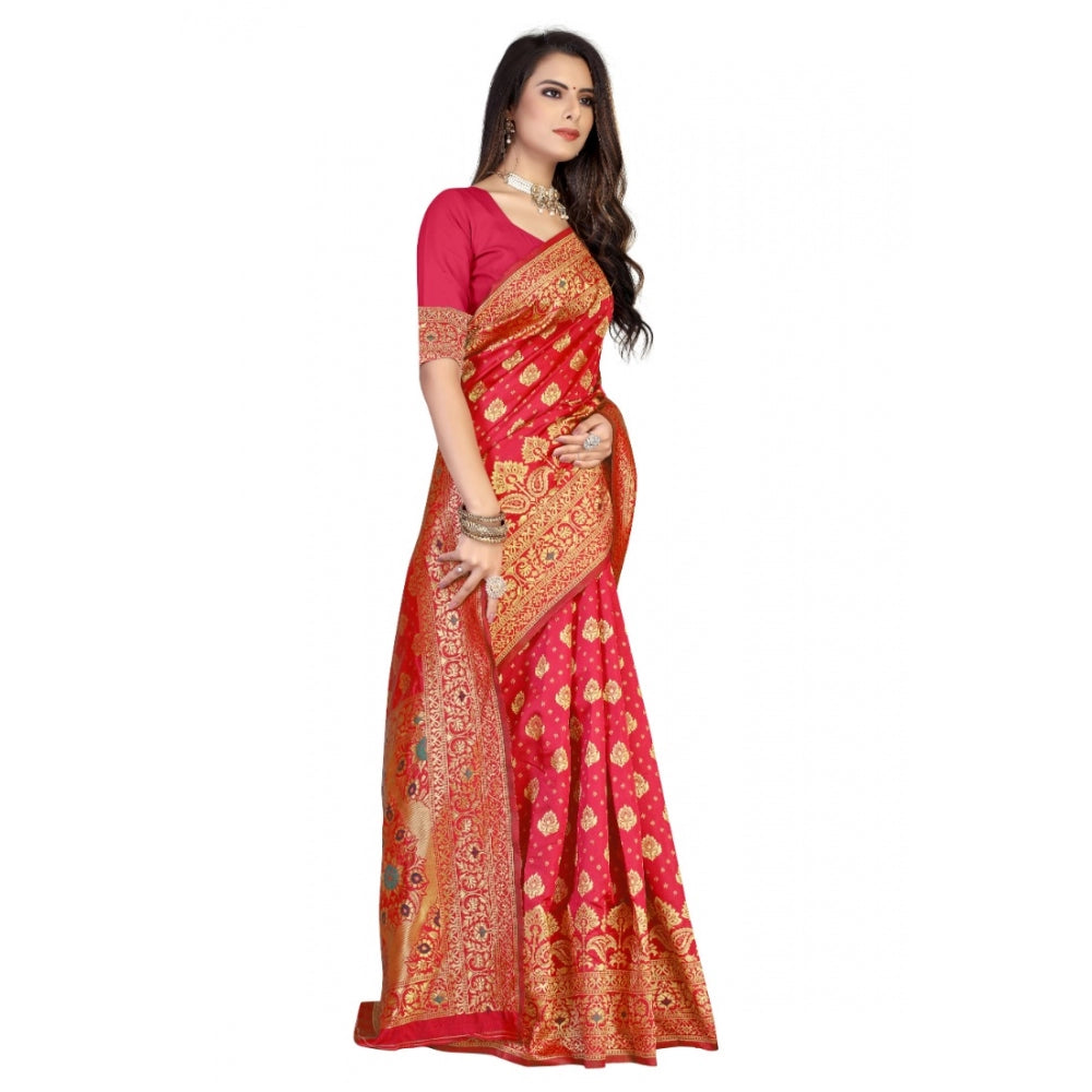 Women's Banarasi Silk Designer Weaving Saree With Unstitched Blouse (Red, 5.50 Mtrs)