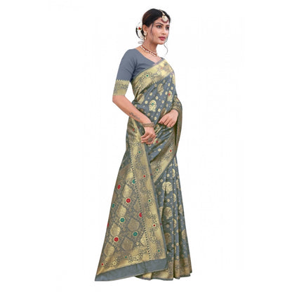 Women's Banarasi Silk Designer Weaving Saree With Unstitched Blouse (Grey, 5.50 Mtrs)