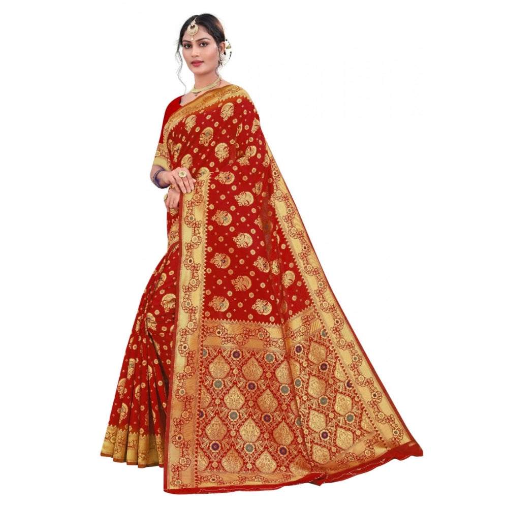 Women's Banarasi Silk Designer Weaving Saree With Unstitched Blouse (Red, 5.50 Mtrs)