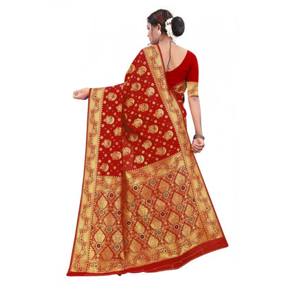 Women's Banarasi Silk Designer Weaving Saree With Unstitched Blouse (Red, 5.50 Mtrs)