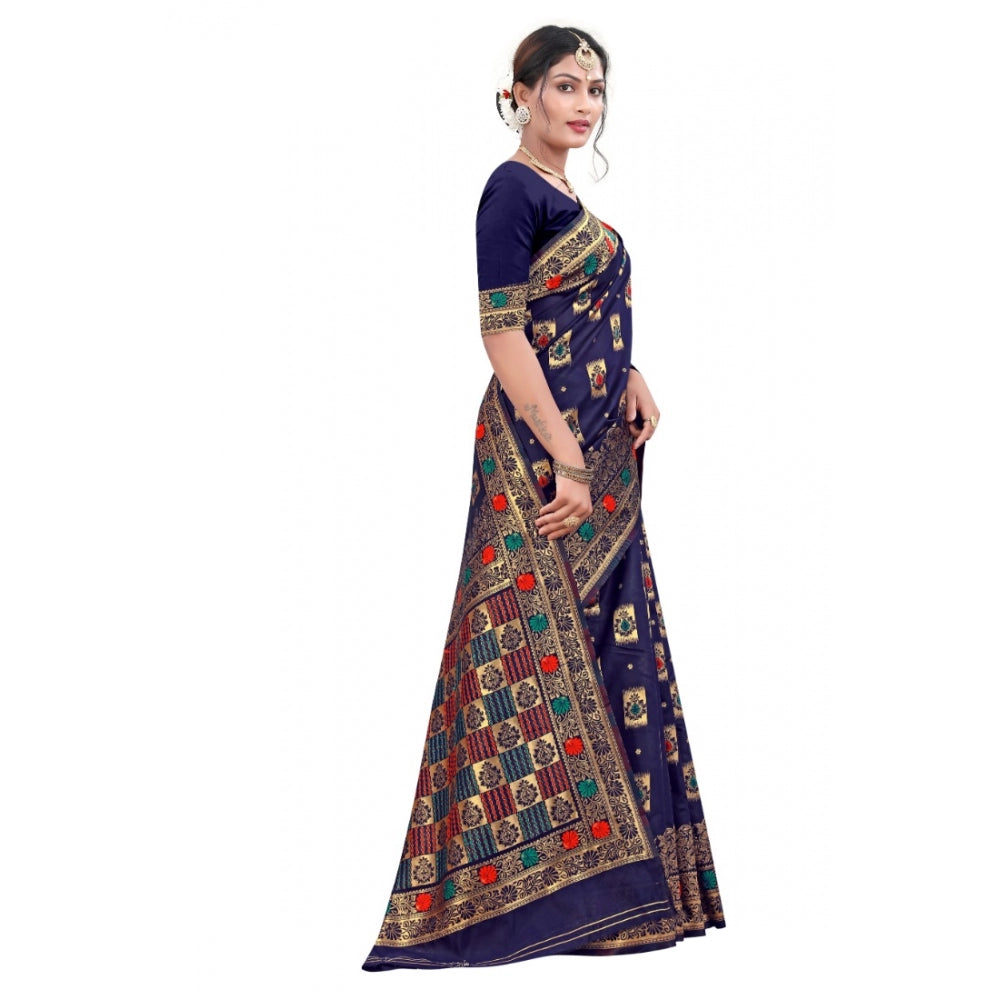 Women's Banarasi Silk Designer Weaving Saree With Unstitched Blouse (Blue, 5.50 Mtrs)