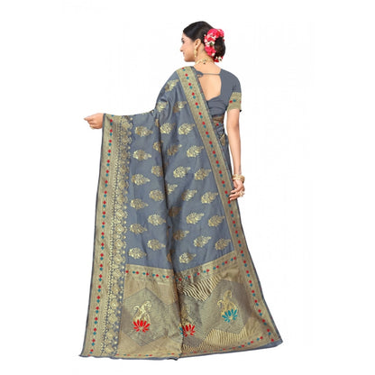 Women's Banarasi Silk Designer Weaving Saree With Unstitched Blouse (Grey, 5.50 Mtrs)