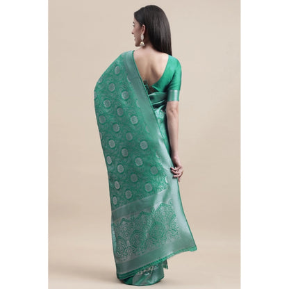 Women's Kanjivaram Silk Designer Silver Weaving Saree With Unstitched Blouse (Green, 5.50 Mtrs)