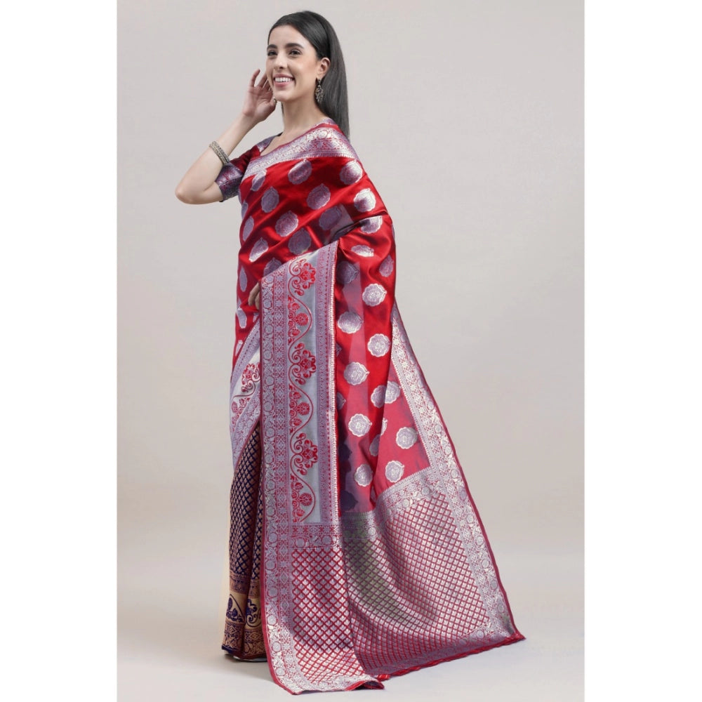 Women's Kanjivaram Silk Designer Weaving Saree With Unstitched Blouse (Red &amp; Blue, 5.50 Mtrs)