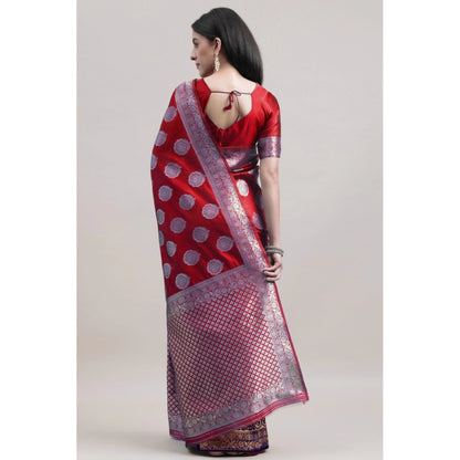 Women's Kanjivaram Silk Designer Weaving Saree With Unstitched Blouse (Red &amp; Blue, 5.50 Mtrs)