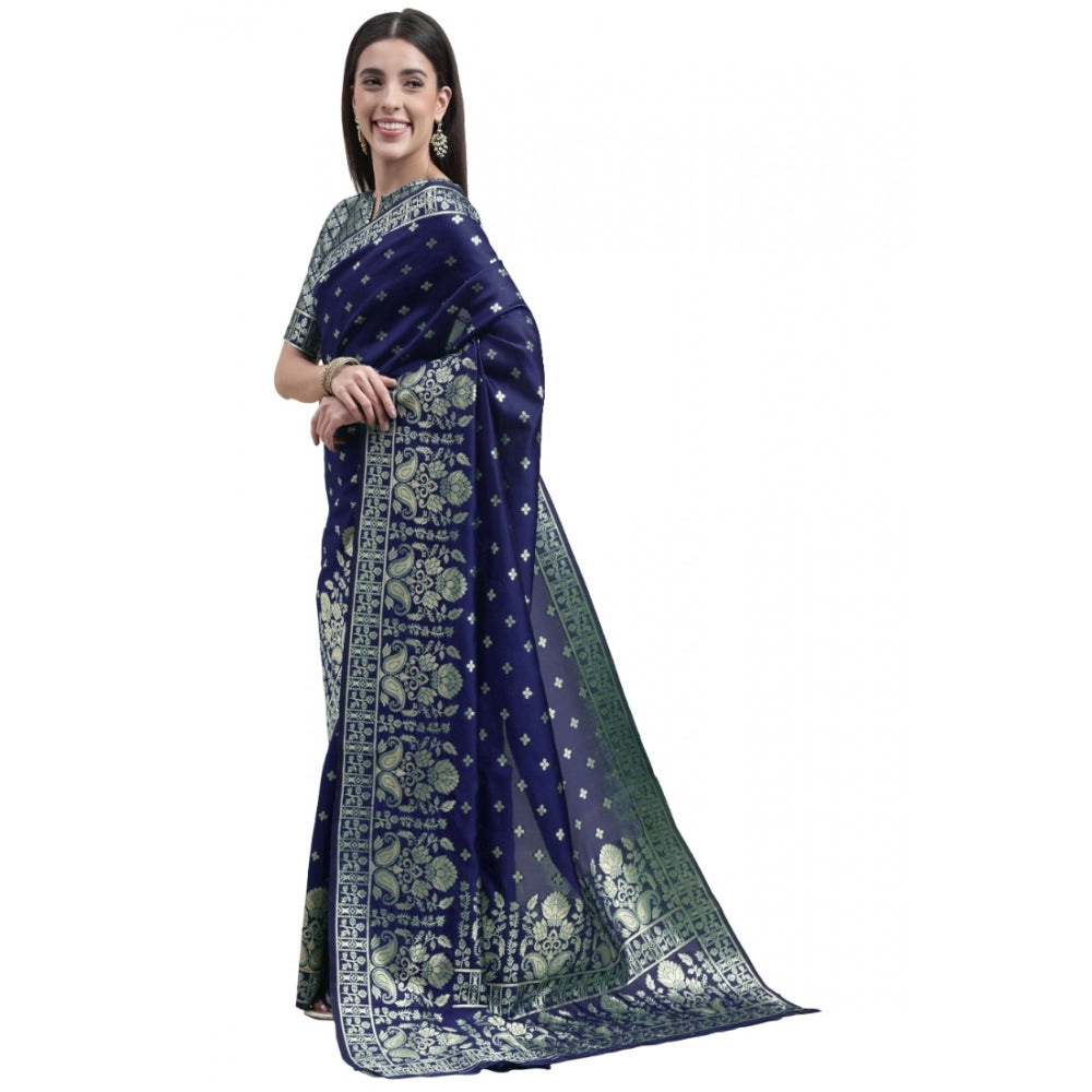 Women's Banarasi Silk Designer Weaving Saree With Unstitched Blouse (Blue, 5.50 Mtrs)