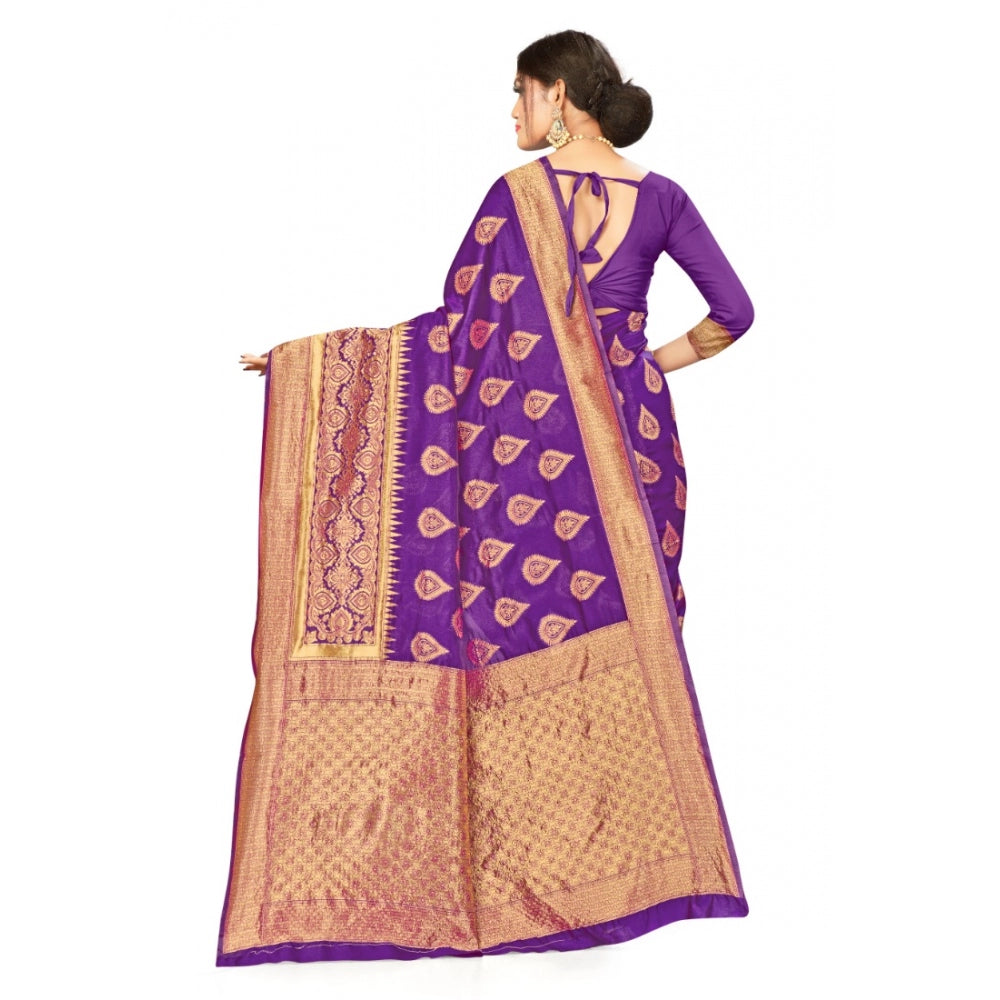 Women's Banarasi Silk Designer Weaving Saree With Unstitched Blouse (Purple, 5.50 Mtrs)