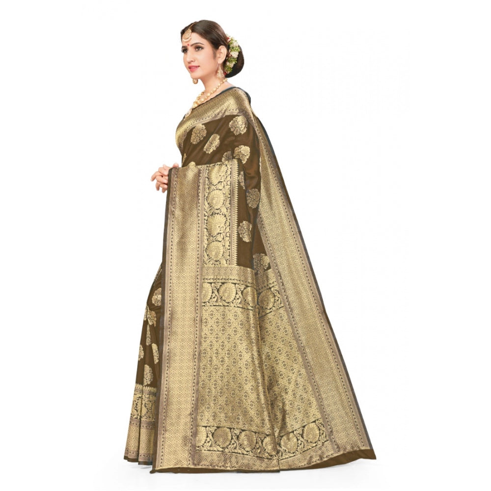 Women's Banarasi Silk Designer Weaving Saree With Unstitched Blouse (Brown, 5.50 Mtrs)