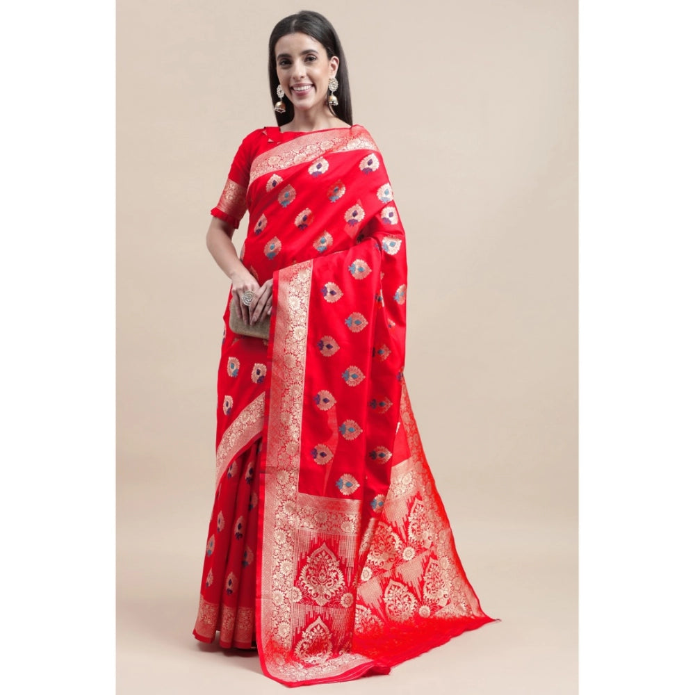 Women's Kanjivaram Silk Designer Weaving Saree With Unstitched Blouse (Red, 5.50 Mtrs)