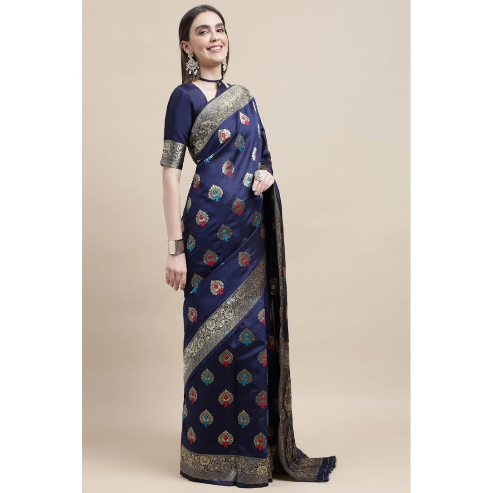 Women's Kanjivaram Silk Designer Weaving Saree With Unstitched Blouse (Blue, 5.50 Mtrs)