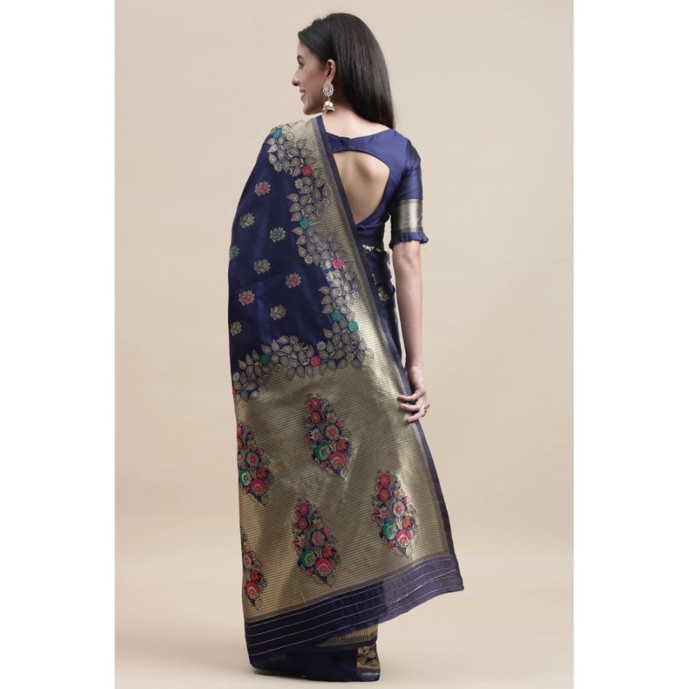 Women's Kanjivaram Silk Designer Weaving Saree With Unstitched Blouse (Blue, 5.50 Mtrs)