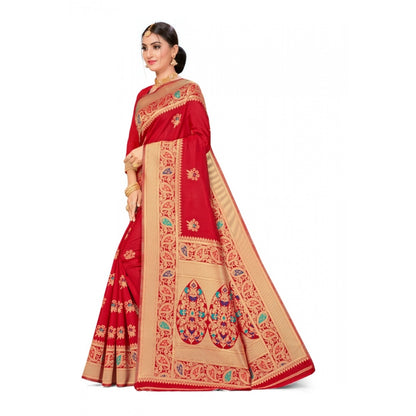 Women's Banarasi Silk Designer Weaving Saree With Unstitched Blouse (Red, 5.50 Mtrs)