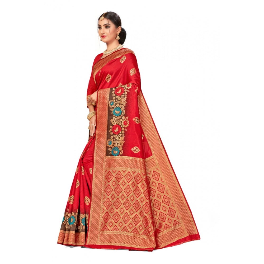 Women's Banarasi Silk Designer Weaving Saree With Unstitched Blouse (Red, 5.50 Mtrs)