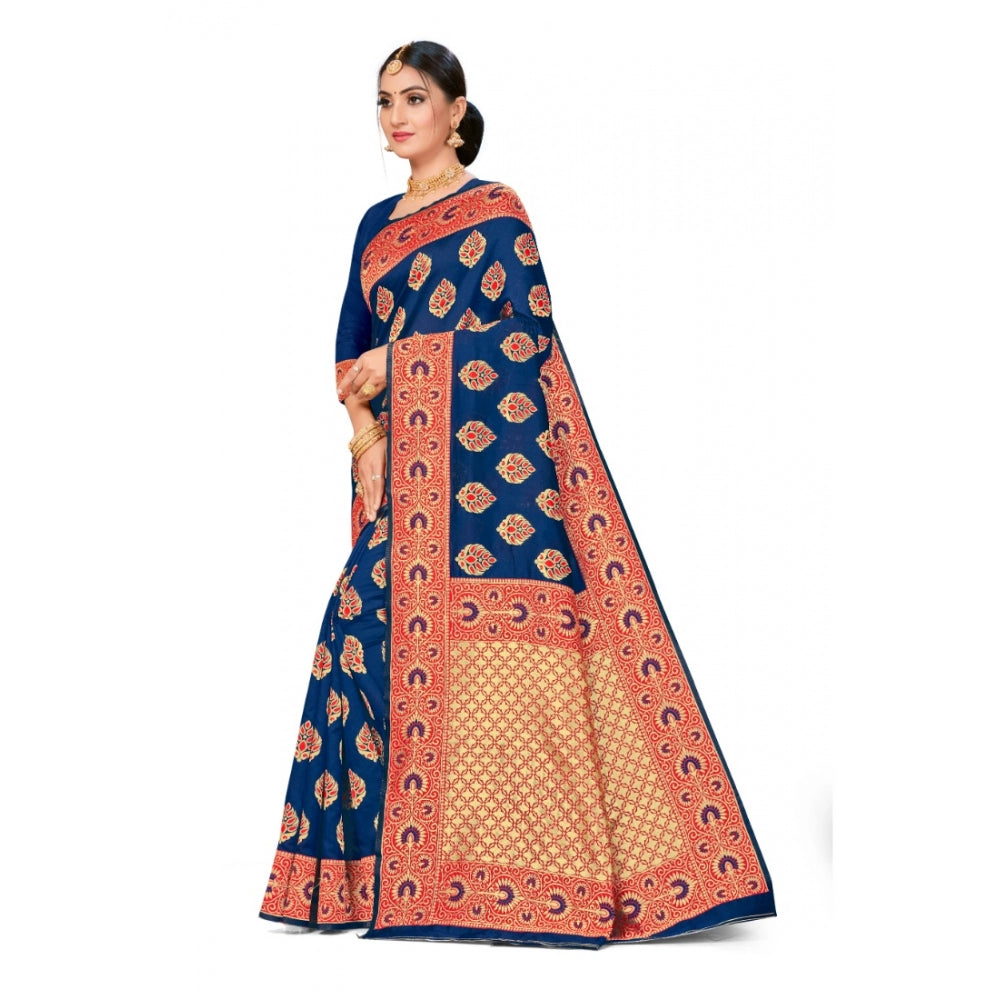 Women's Banarasi Silk Designer Weaving Saree With Unstitched Blouse (Blue, 5.50 Mtrs)