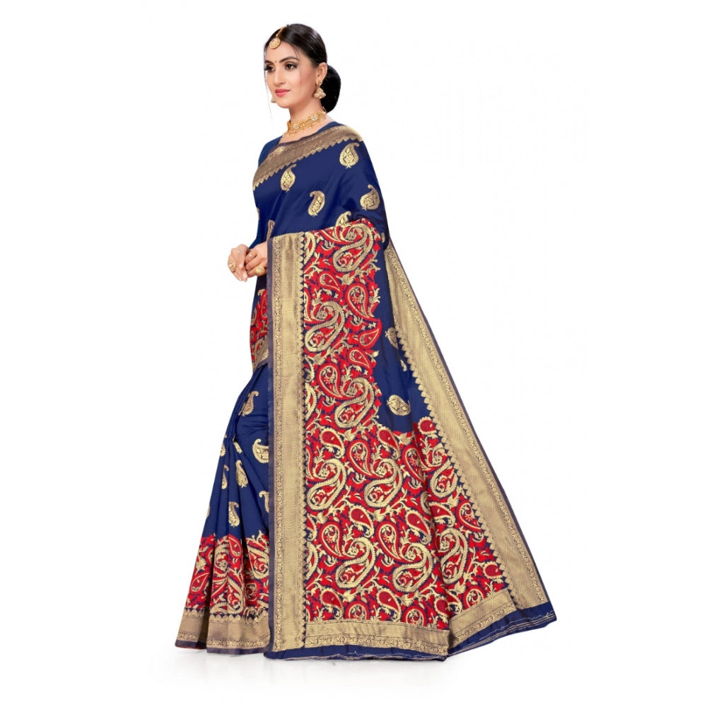 Women's Banarasi Silk Designer Weaving Saree With Unstitched Blouse (Blue, 5.50 Mtrs)