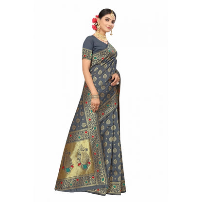 Women's Banarasi Silk Designer Weaving Saree With Unstitched Blouse (Grey, 5.50 Mtrs)