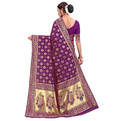 Women's Banarasi Silk Designer Weaving Saree With Unstitched Blouse (Purple, 5.50 Mtrs)