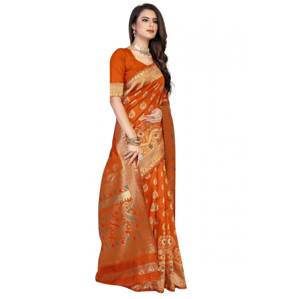 Women's Banarasi Silk Designer Weaving Saree With Unstitched Blouse (Orange, 5.50 Mtrs)