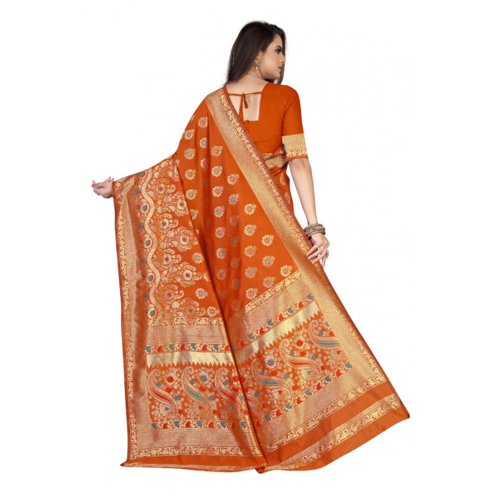 Women's Banarasi Silk Designer Weaving Saree With Unstitched Blouse (Orange, 5.50 Mtrs)