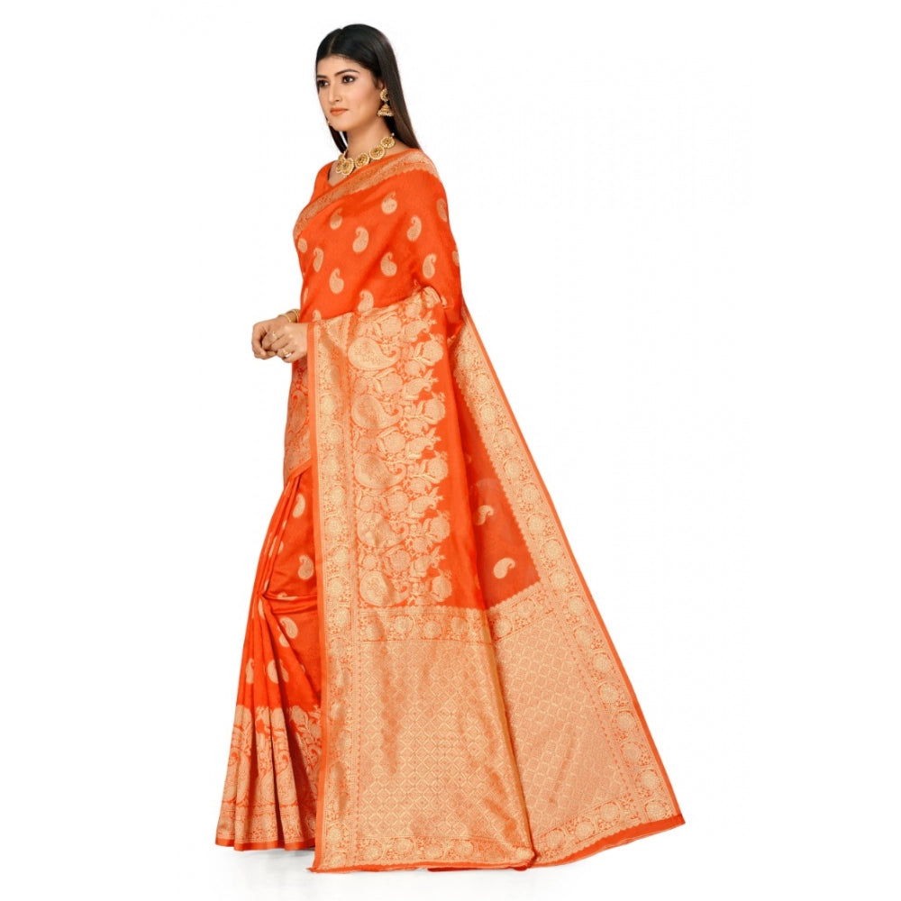 Women's Banarasi Silk Designer Weaving Saree With Unstitched Blouse (Orange, 5.50 Mtrs)