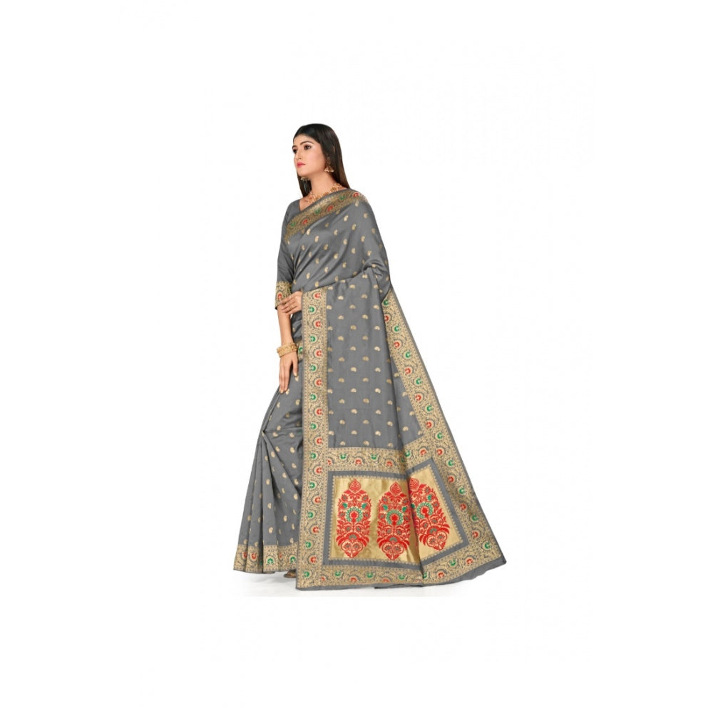 Women's Banarasi Silk Designer Weaving Saree With Unstitched Blouse (Grey, 5.50 Mtrs)